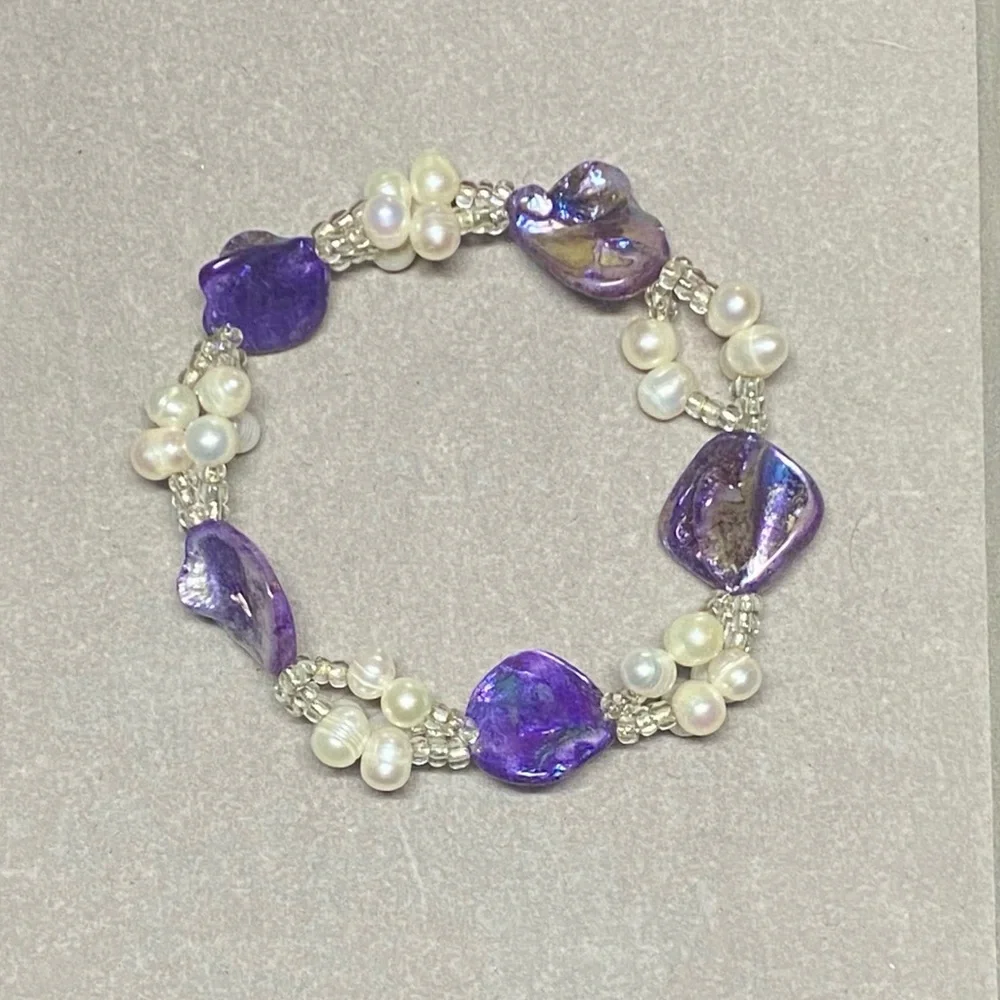 Freshwater Pearl & Purple Dyed Mother Of Pearl Handmade Stretch Bracelet - Picture 2 of 5